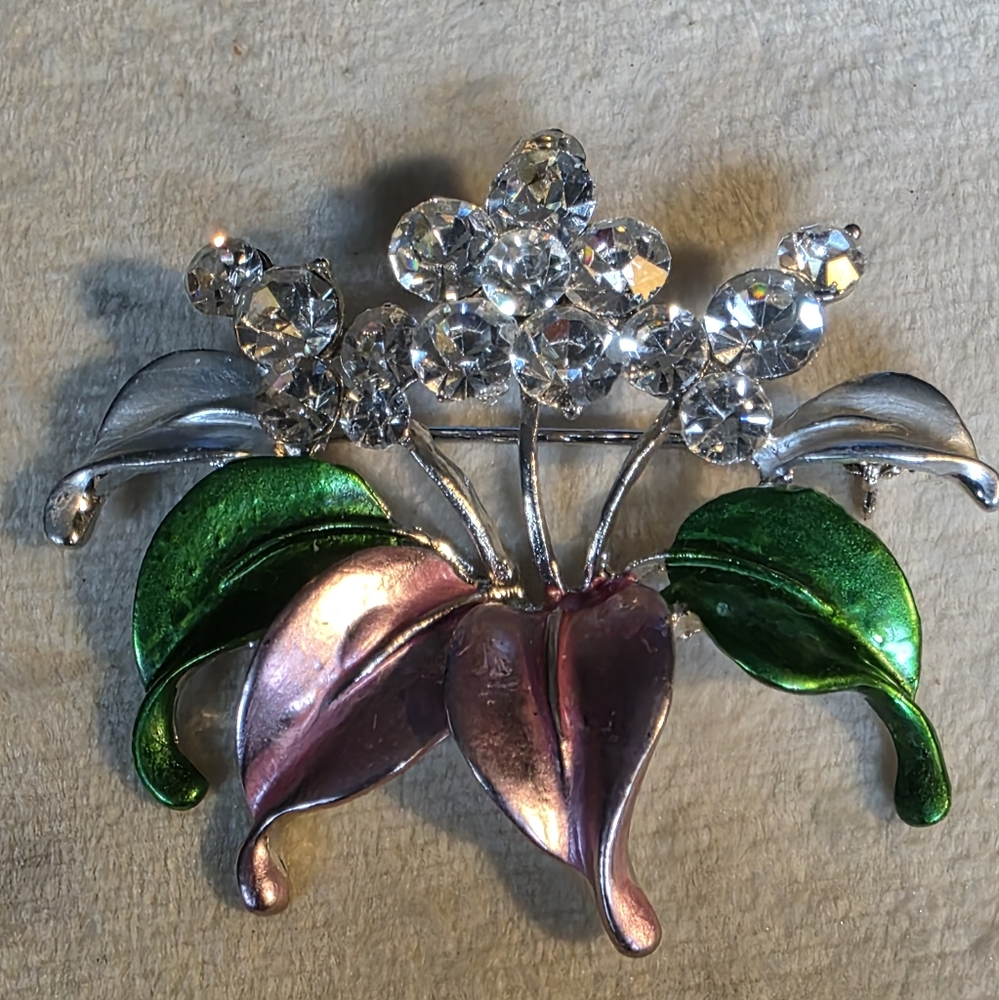 Vintage Floral Rhinestone Brooch with Green and Pink Enamel Petals